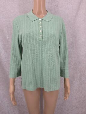 Lauren Ralph Laurem Cable Ribbed Knit Polo Top Light Sage Green 3/4 Sleeves Y2K